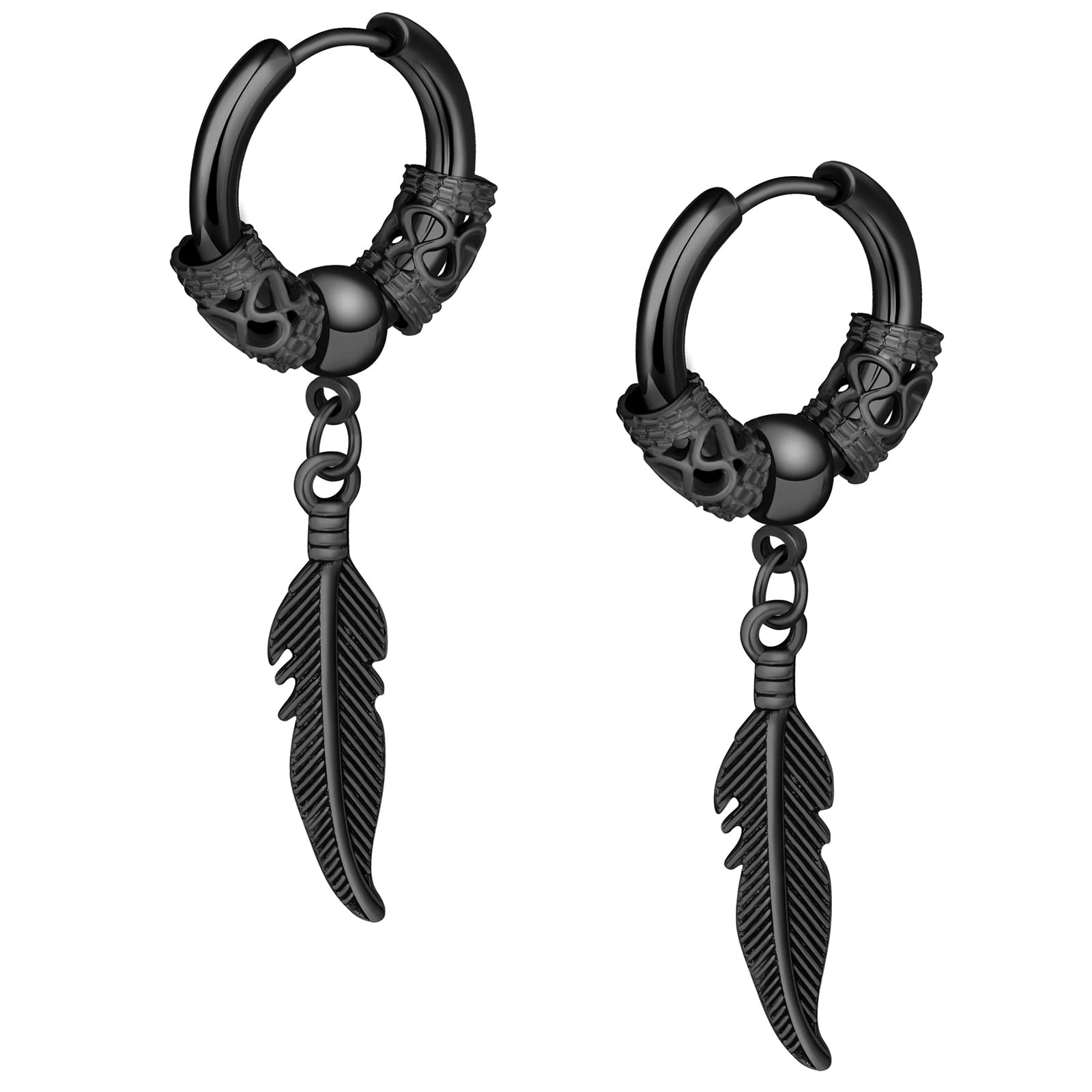 Kolczyki koła z piórami punk stal nierdzewna liść huggie kolczyki sztyfty na zawiasach unisex piercing biżuteria obręcz wiszące kolczyki dla kobiet mężczyzn, Stal nierdzewna, Bez kamieni szlachetnych