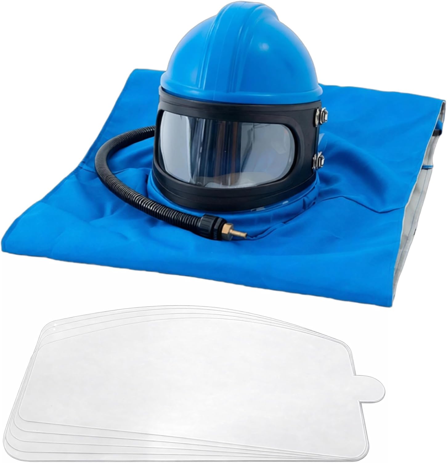 Blue Sandblasting Helmet with 5 Pieces Outer Lenses and Shoulder Protection, Professional Sandblasting Hood Mask with Clear Face Shield for Heavy Duty Sandblast Work and Abrasive Blasting