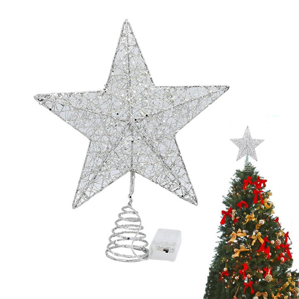 Goodern Christmas Tree Star Topper with LED Light,Xmas Tree Glittered Tree-Top Decoration Ornament,Battery Powered Christmas Tree Hanging Decor for Xmas New Year Holiday Party Home Office Decor-Silver