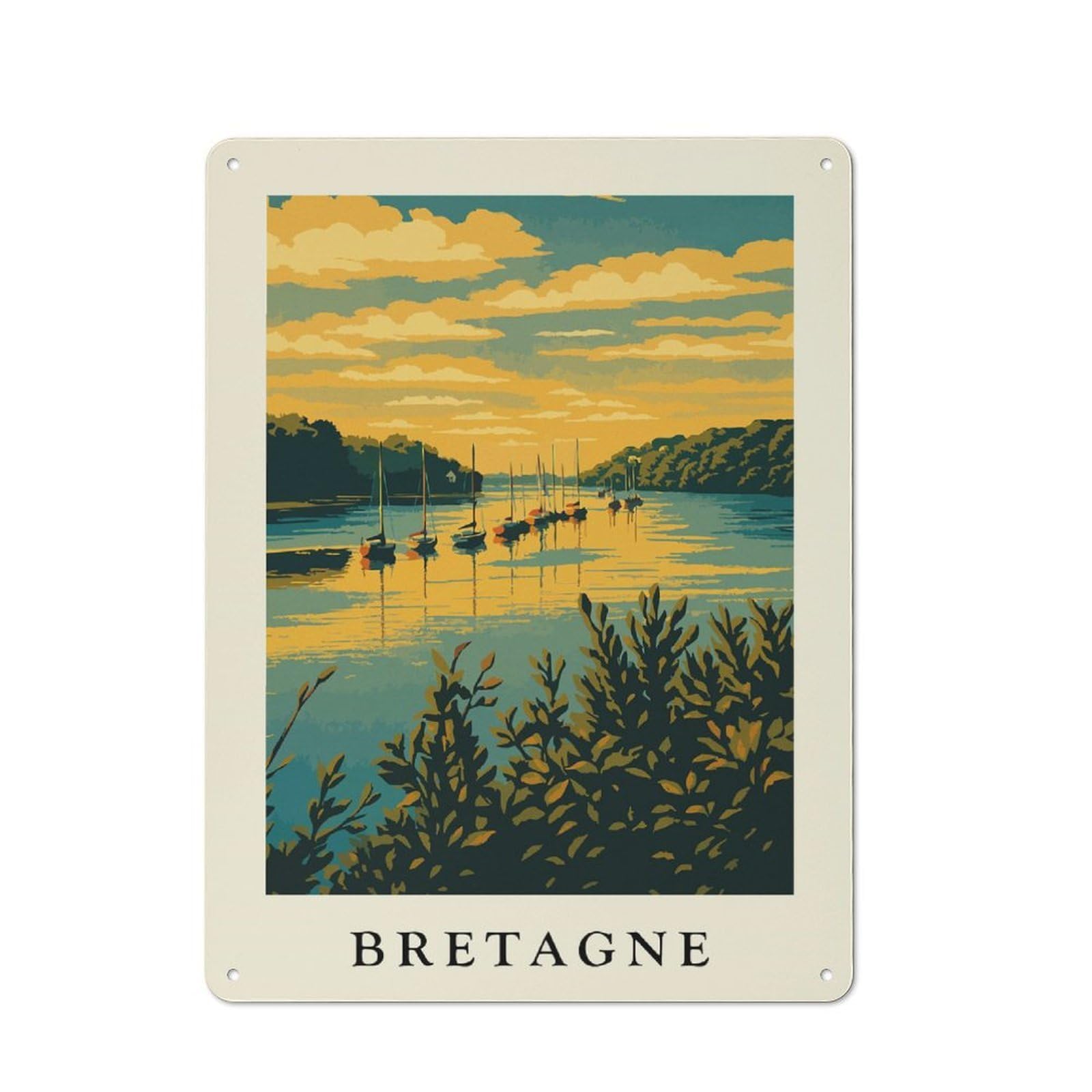Junmoney Style-5 Classic Bretagne Coastal Scene With Sailboats Metal Wall Plaque 40X30cm, Nostalgic Wall Art For Living Room, Hallway, Kitchen Or Cafe
