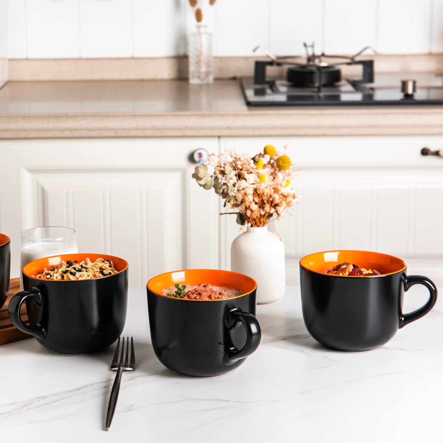 AmorArc 680 ml Suppentassen mit Griffen, Jumbo-Keramikschalen-Set mit Griffen für Kaffee, Müsli, Cappuccino, Snacks, mikrowellen- und spülmaschinenfest, Suppentassen für Mahlzeiten, Orange