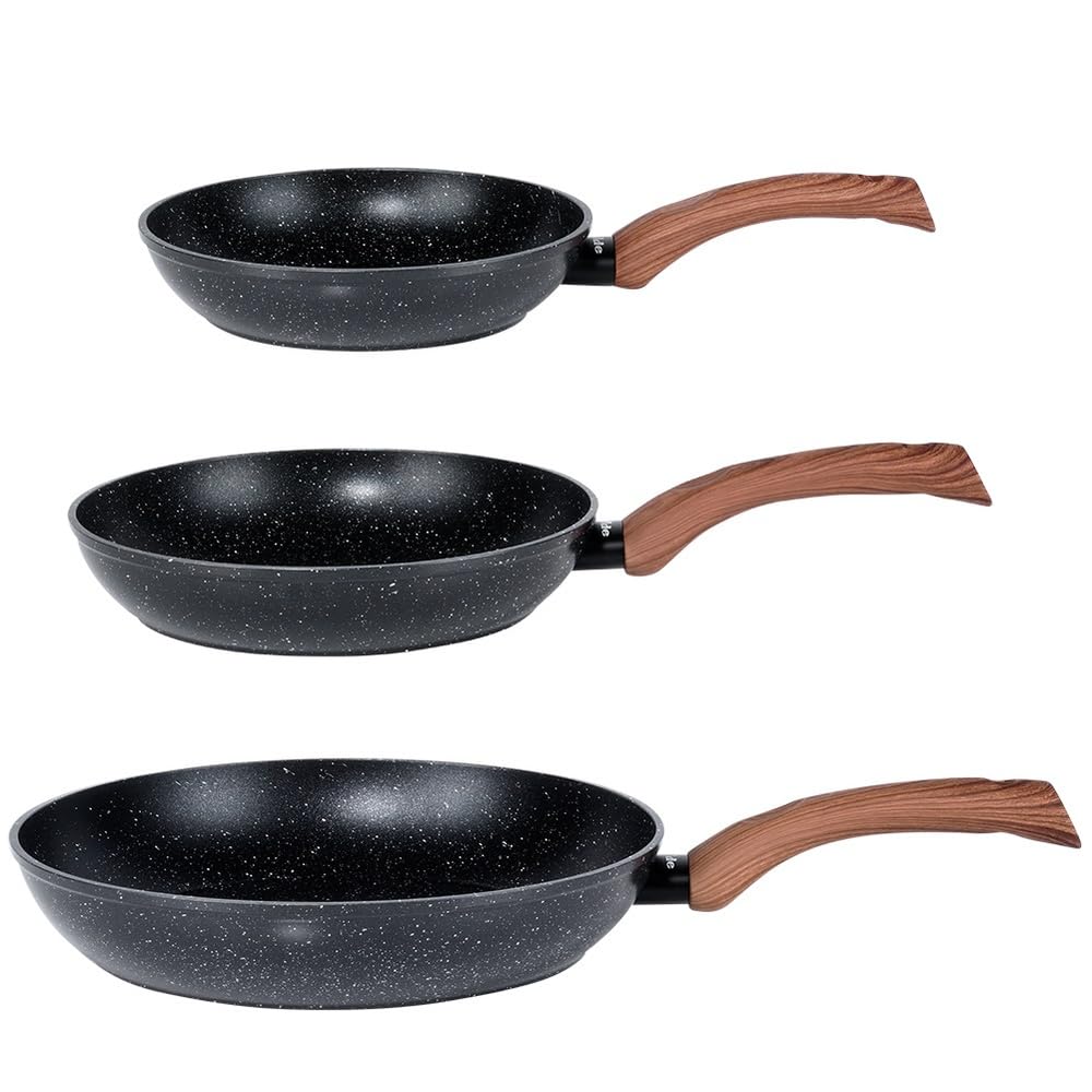 Vilde 3-częściowy zestaw patelni do kuchenek indukcyjnych z aluminium, nieprzywierająca powłoka granitowa, patelnie 20/24/28 cm, nadają się do mycia w zmywarce, uchwyt o wyglądzie drewna
