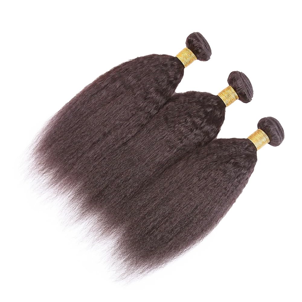 Dark Brown Yaki Straight Human Hair Color 4 Chocolate Brown Kinkystraight Bundles Double Weft Brazilian Hair Extensions Silky and Soft for Black Women (14 16 18 inch 3 Bundles)