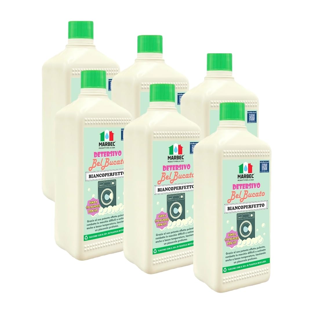 MARBEC DETERSIVO BelBucato BiancoPerfetto 1LTx6PZ Detersivo liquido concentrato per bucato a mano e in lavatrice, specifico per il lavaggio di capi bianchi