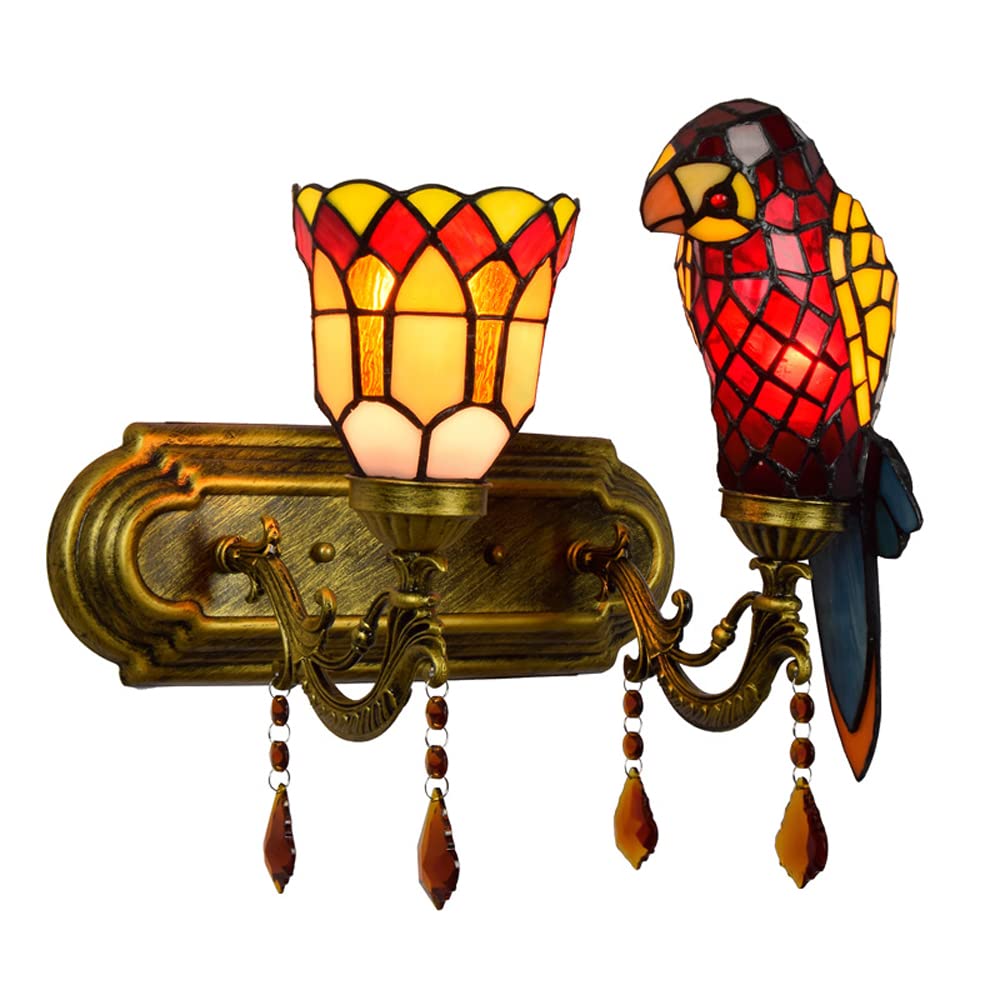 FYZDLAOR Retro Parrot Wall Light,Tiffanystyle Wall Sconces with Stained Glass Shade,Wall Mounted Lighting Fixtures for Living Room Staircase Bedroom（E27）