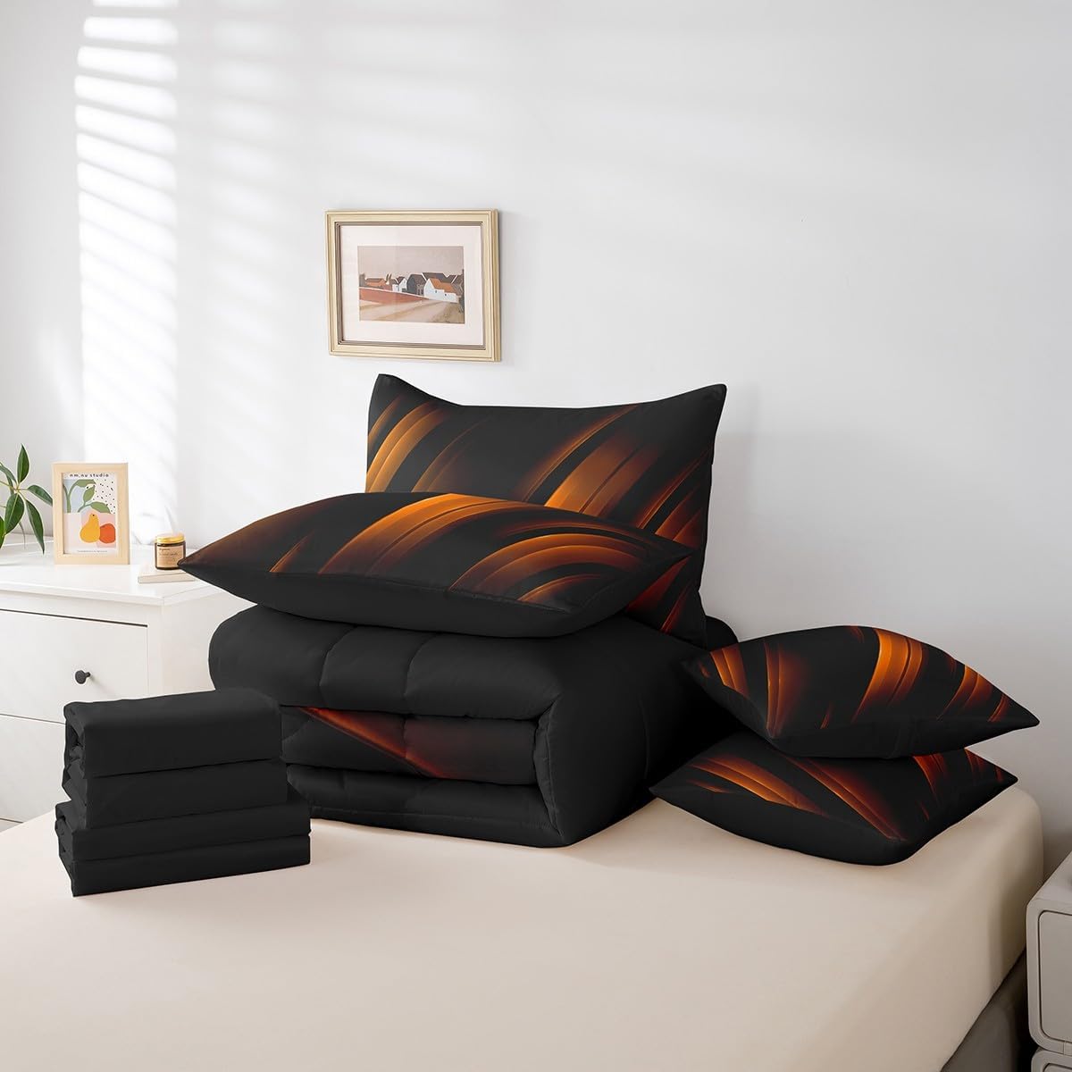 jejeloiu Orange and Black Comforter Set with Sheets 7 Piece Abstract Lines Bedding Set Queen Size Geometric Bed in a Bag Abstract Bed Set with Comforter, Sheets, Pillowcases & Cushion Covers
