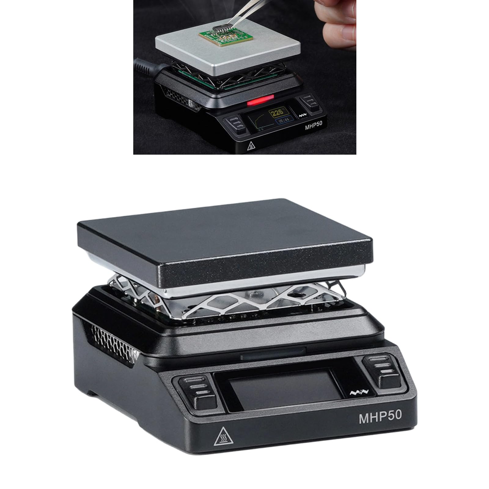 MHP50 - Precalentador de placa caliente pequeña portátil con pantalla LCD para reparaciones de placas de circuito, temperatura controlada por calor
