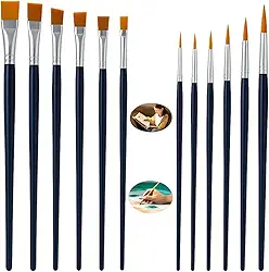 Kit 12 Pincéis para Pintura, 6 Ponta Fina Redonda e 6 Ponta Chata, para Aquarela, Óleo, Acrílica e Artesanato