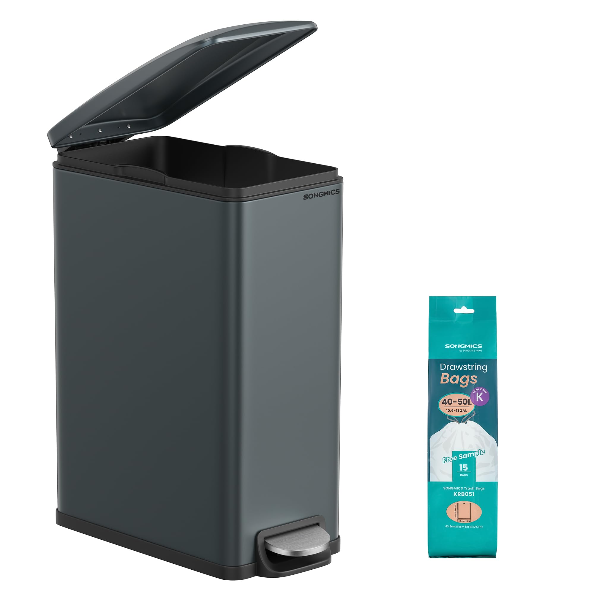SONGMICS Poubelle de Cuisine 48L, Poubelle à Pédale, Acier, Gris Anthracite