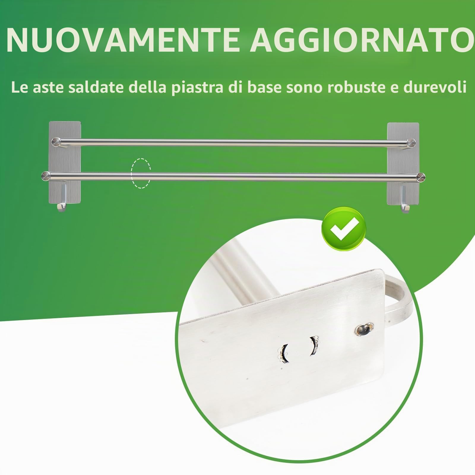 JS Portasciugamani senza foratura, in acciaio inox, autoadesivo, doppio con 2 ganci per asciugamani, montaggio a parete, bagno, cucina