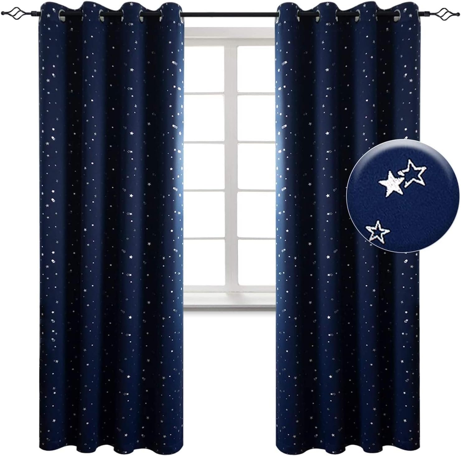 X spring Kids Blackout Curtains, 1 Panel 100% Star Grommet Thermal Insulated Window Curtain Drapes for Light Blocking, Darkening Printed Kids Curtains for Living Room Bedroom (Navy Blue, 132 * 160CM)