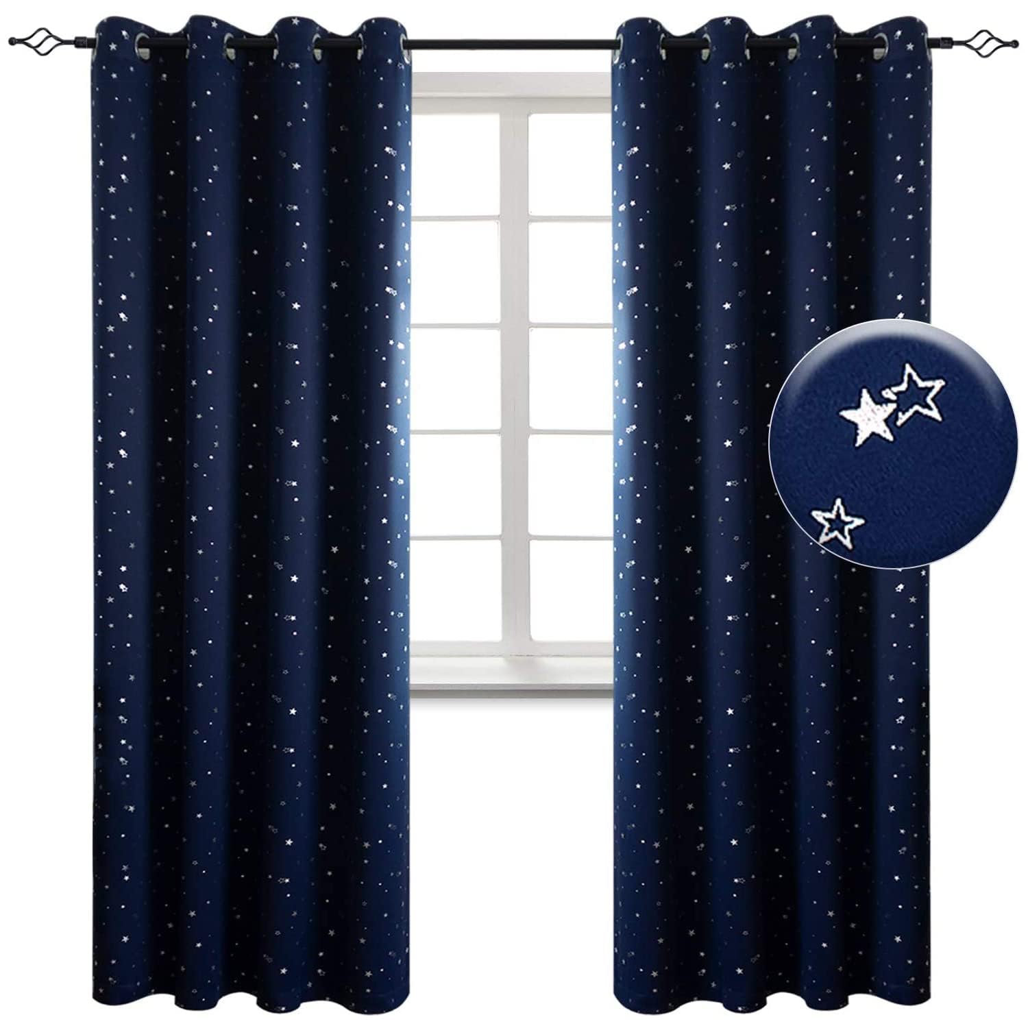 X spring Kids Blackout Curtains, 1 Panel 100% Star Grommet Thermal Insulated Window Curtain Drapes for Light Blocking, Darkening Printed Kids Curtains for Living Room Bedroom (Navy Blue, 132 * 160CM)