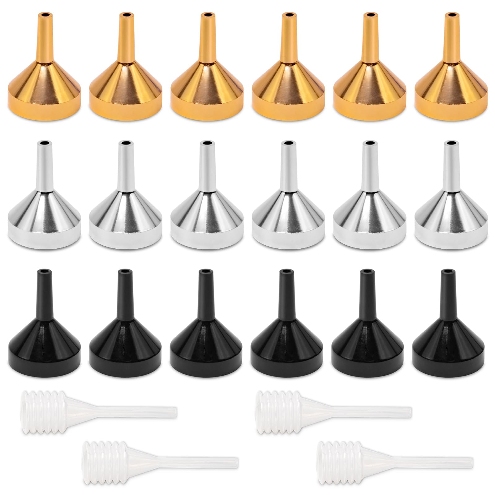 18 pcs Small Metal Funnels with 4 Pack Mini Pipette,Multi-Colour Tiny Funnels Set for Filling Small Bottles and Containers,Essential Oils, Perfume,Liquid (Multicolor Series)