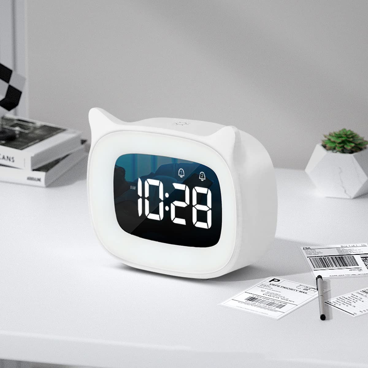 Despertador, Reloj Despertador Digital LED, Brillo Ajustable, Carga USB(White)