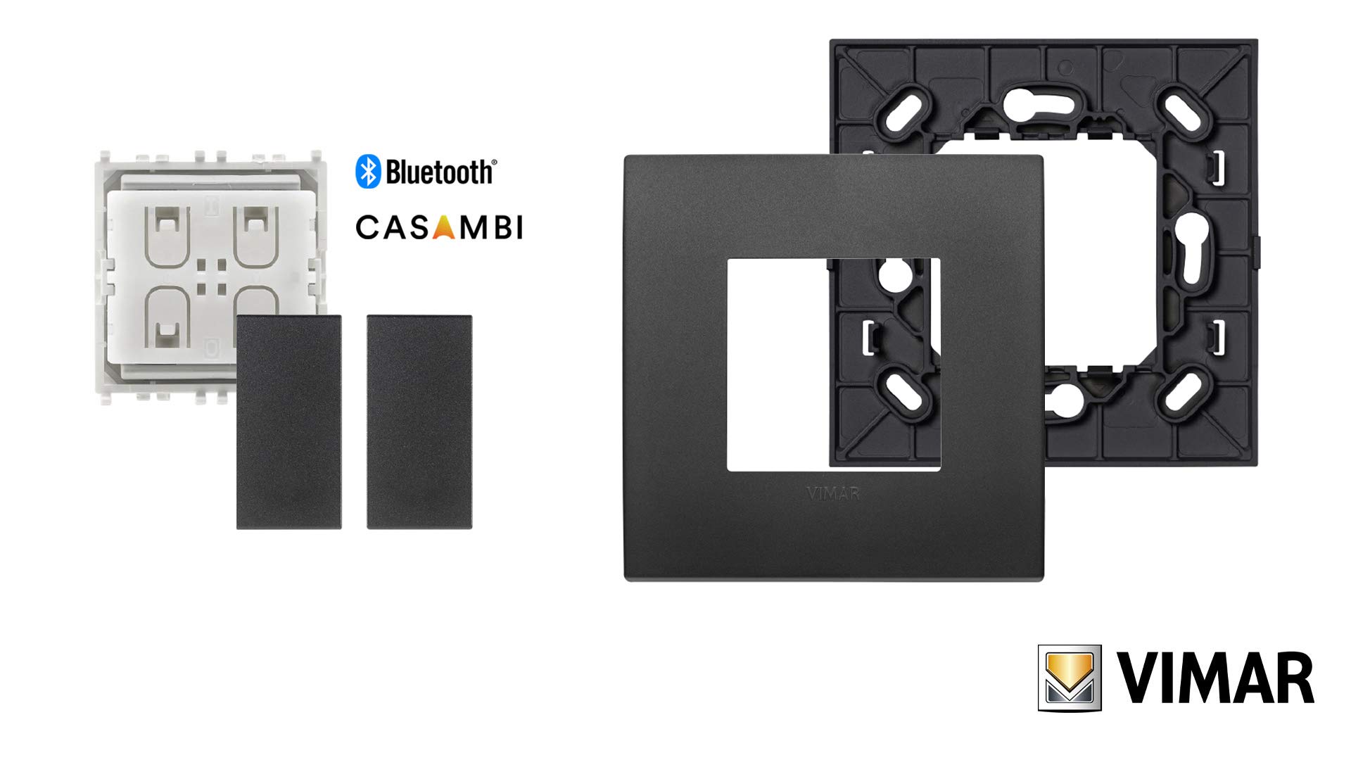 VIMAR 0K03925.07 Arké Kit comando connesso, senza fili e senza batterie, VIEW Wireless standard Bluetooth completo di supporto, tasti, placca 2M, Nero