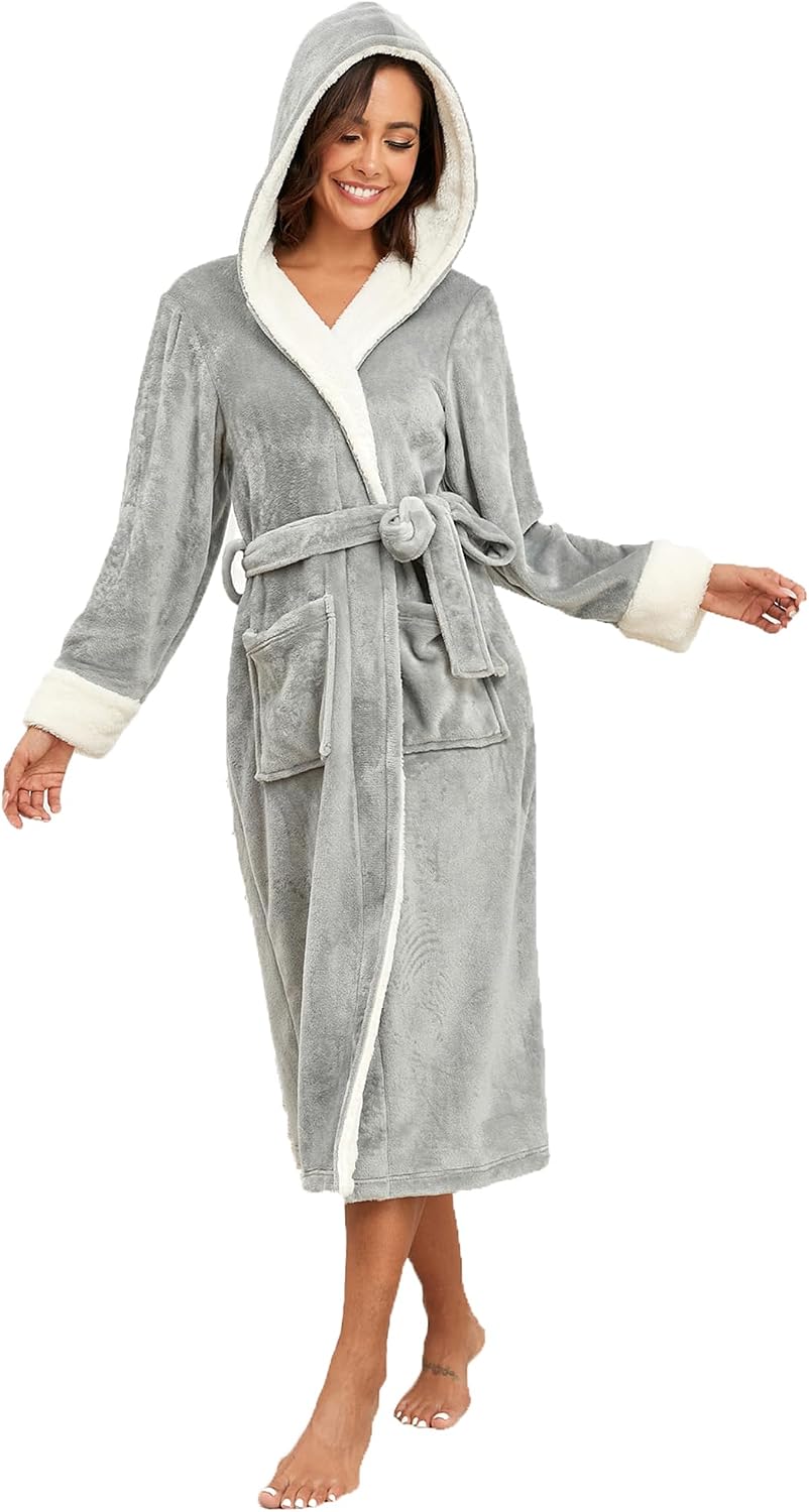 RONGTAI Womens Plush Fleece Hooded Bathrobe, Thick Nightgown Long Robe Sleepwear with Two Side Pockets and Belt