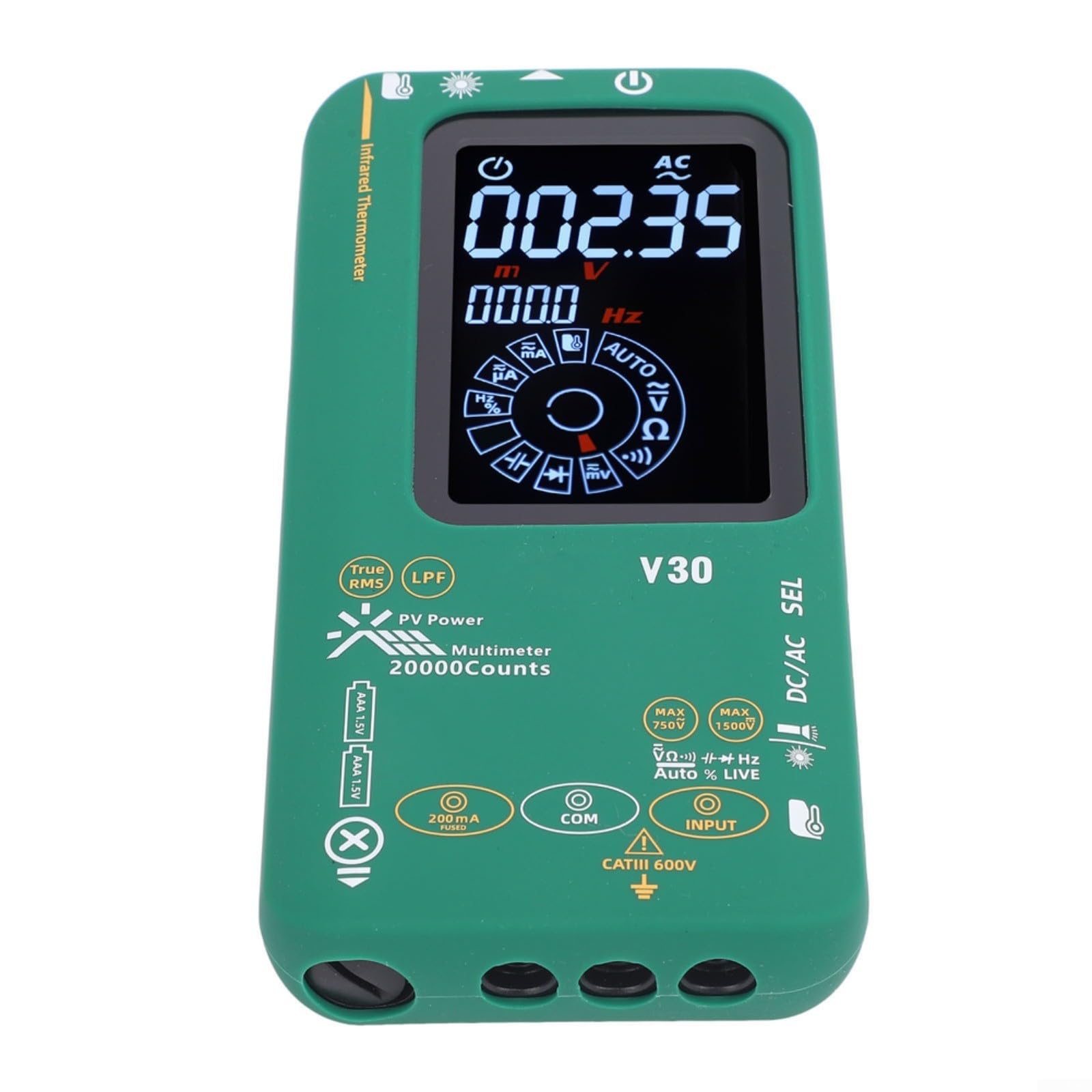 V30 Multimetro digitale con termometro a infrarossi, 20000 conteggi, per tester AC/DC automatico sistemi solari fotovoltaici, per custodia morbida in silicone