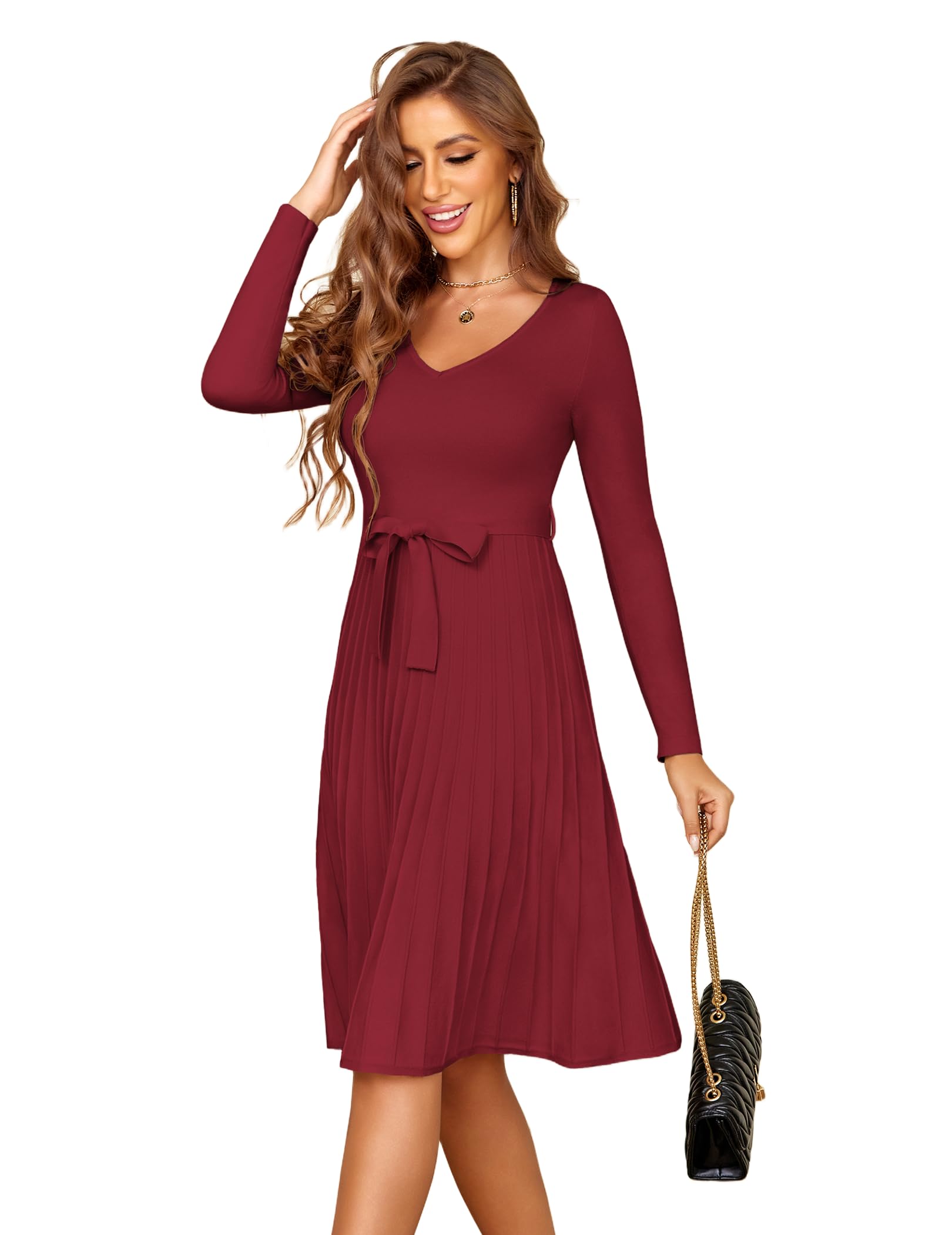 ZEAGOO Strickkleid Damen Pulloverkleid V-Ausschnitt Langarm Winterkleid A-Linie Plissee Kleider Herbst Elegant Tunika Kleid mit Gürtel S-XXL