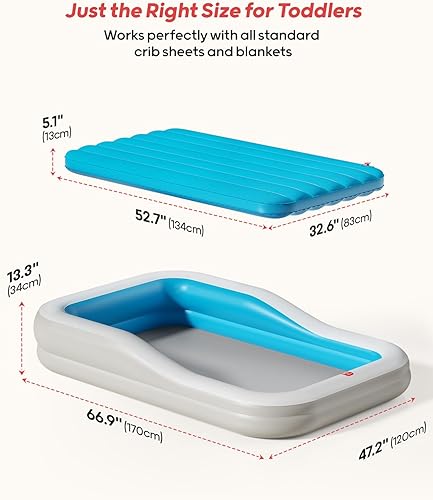 Miniatura 22 de QPAU Cama inflable de viaje para niños pequeños con parachoques de seguridad de 3 lados, colchón de aire extra grande para niños, incluye colchón