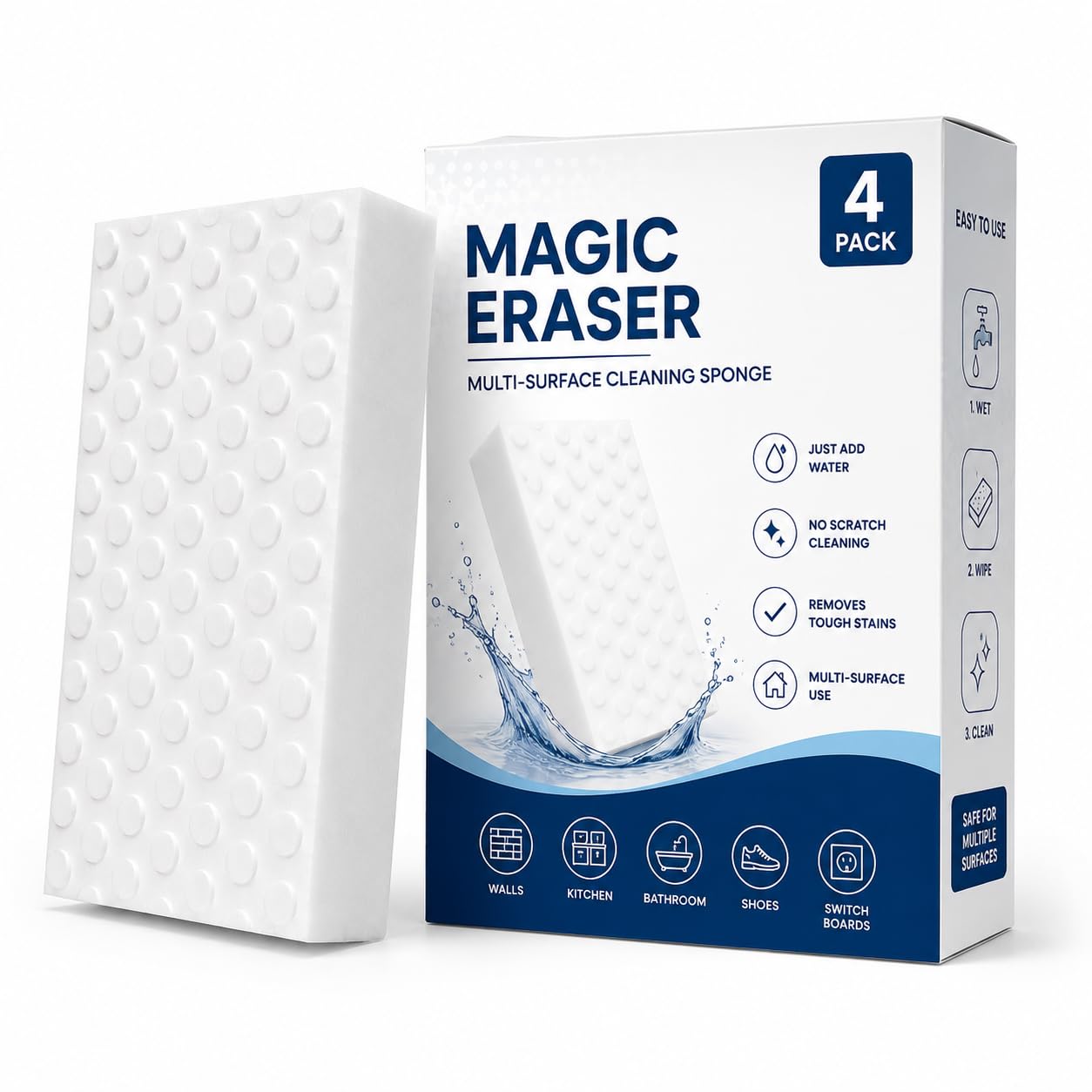 multi-surface magic eraser cleaning sponge pack of 4 | no scratch | removes 100+ tough stains | just add water | walls, kitchen, bathroom, shoes & switch boards