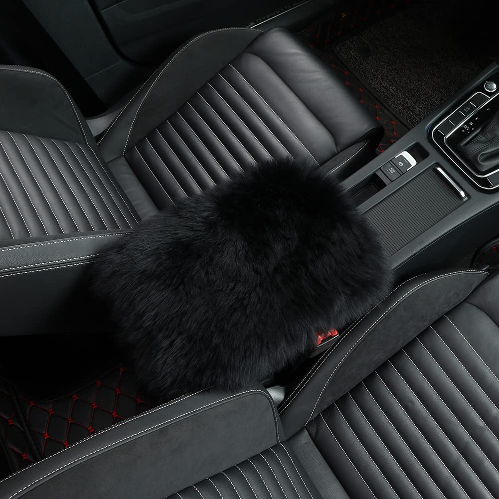 IRIWOOL Sheepskin Armrest Cover Auto Center Armrest Cover Car Soft Console Pad, Fluffy Wool Auto Center Console Cover for Most Car Arm Rest Decoration Protector 9 x 14 Inch (Long Wool, Black)