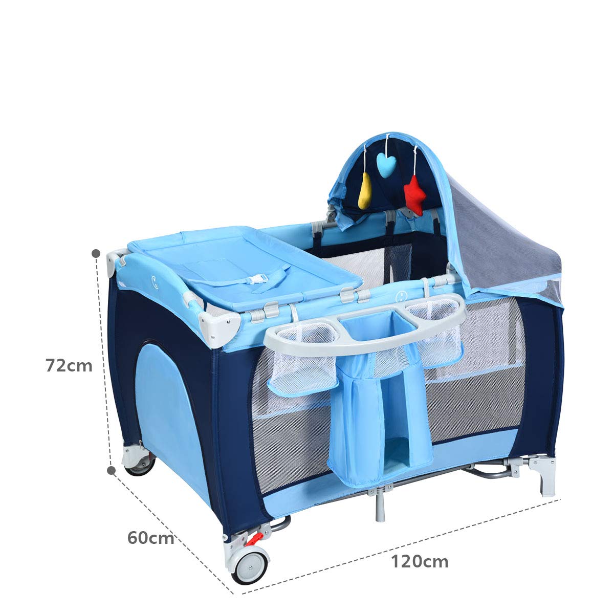 COSTWAY 4 in 1 klappbares Reisebett & Babywiege & Wickeltisch & Laufstall mit Schaukelfunktion, inkl. Spieluhr, Spielbogen, Wickelauflage, Matratze, Windel Organizer und Tragetasche (blau)