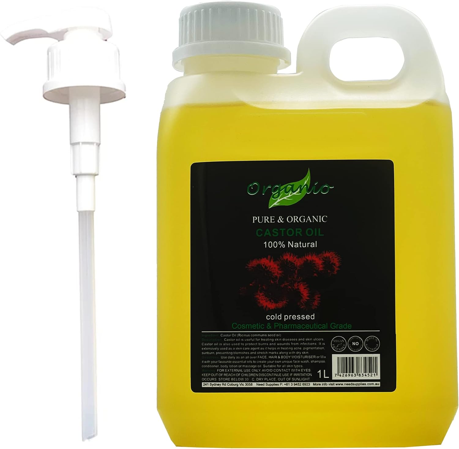 ORGANIC CASTOR OIL, COLDPRESSED, 100 PURE, NATURAL (With Pump, 1L