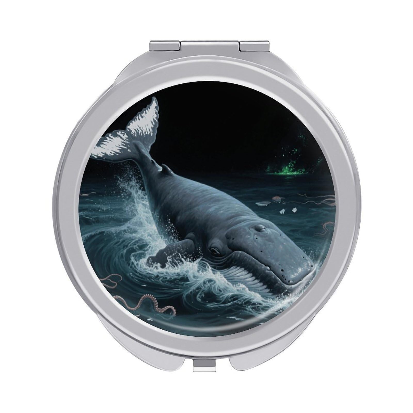 FodPand Compact Hand Mirror with 1x/2x Magnifying Round Travel Makeup Mirror Mini Foldable Underwater Whale Cosmetic Mirrors Travel Essentials Gift for Women Girl Portable for Pocket Purse -Silver