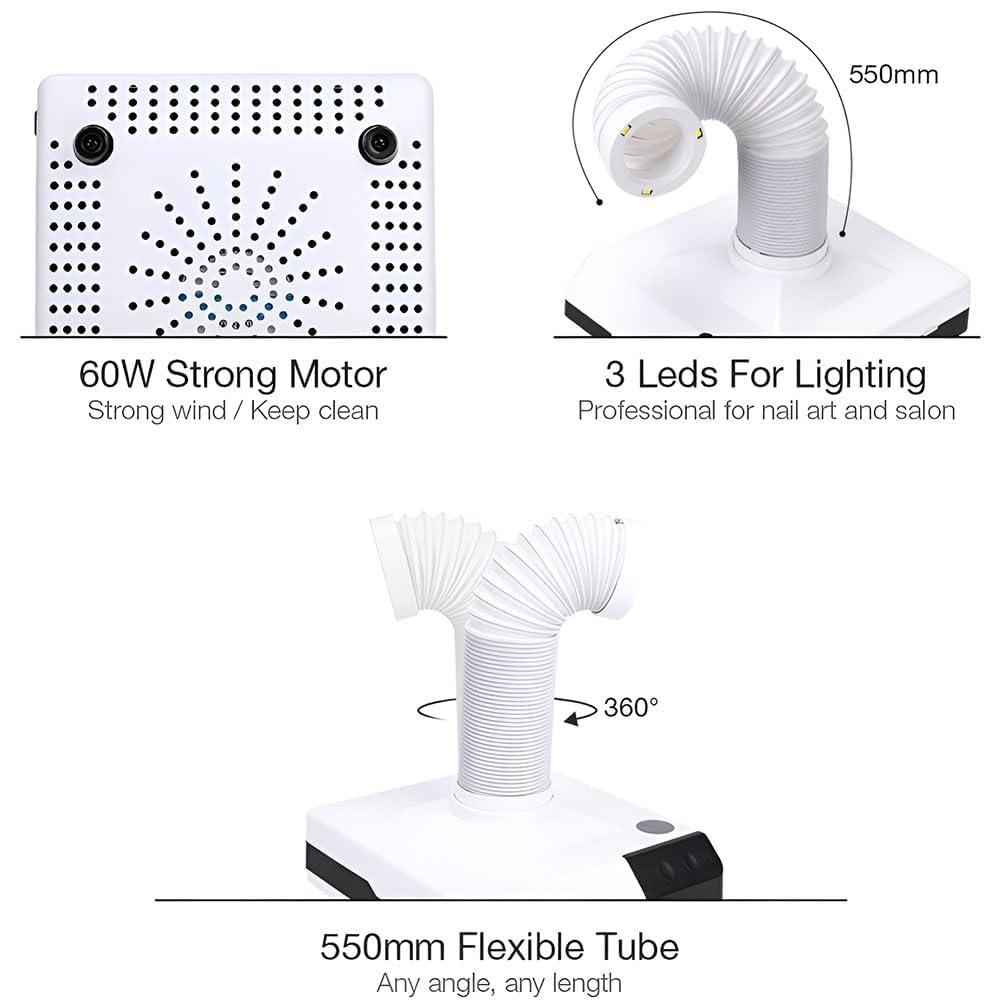 Mini assorbitore di fumo con luce LED, filtro aspiratore portatile per la raccolta della polvere delle unghie, fumi di saldatura, polvere di molatura, aspirapolvere da tavolo silenzioso white