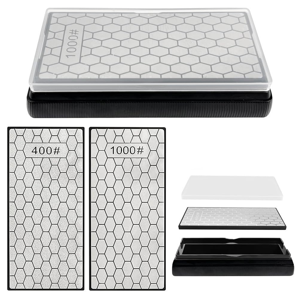 YBCCBY Diamond Sharpening Stones, Double-Sided Diamond Bench Stone Honeycomb Surface Diamonds Whetstone Kit with Non-Slip Base and Dust Cover for Chisels, Scissors & Cutting Tools, 400/1000 Grit