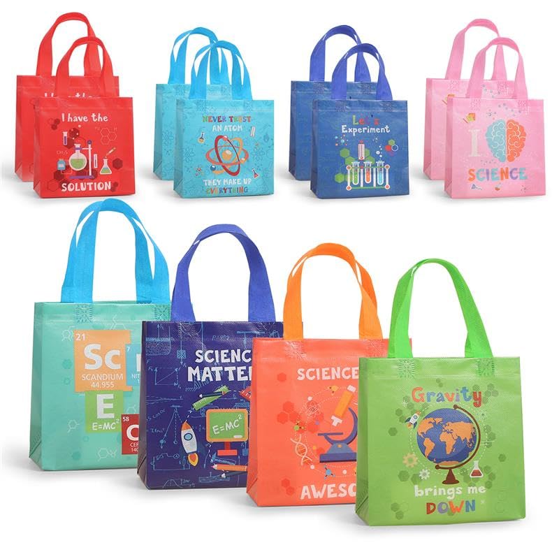 FINEMOE Pack of 12 Small Return Gift Bags for Kids, Science Theme, Nylon Return Gift Bag for Birthday, Kanya Pujan, Christmas & Party Favors, Multicolor Gift Cover Small Handbag, Age 2-12 (Science Kit)-image-1