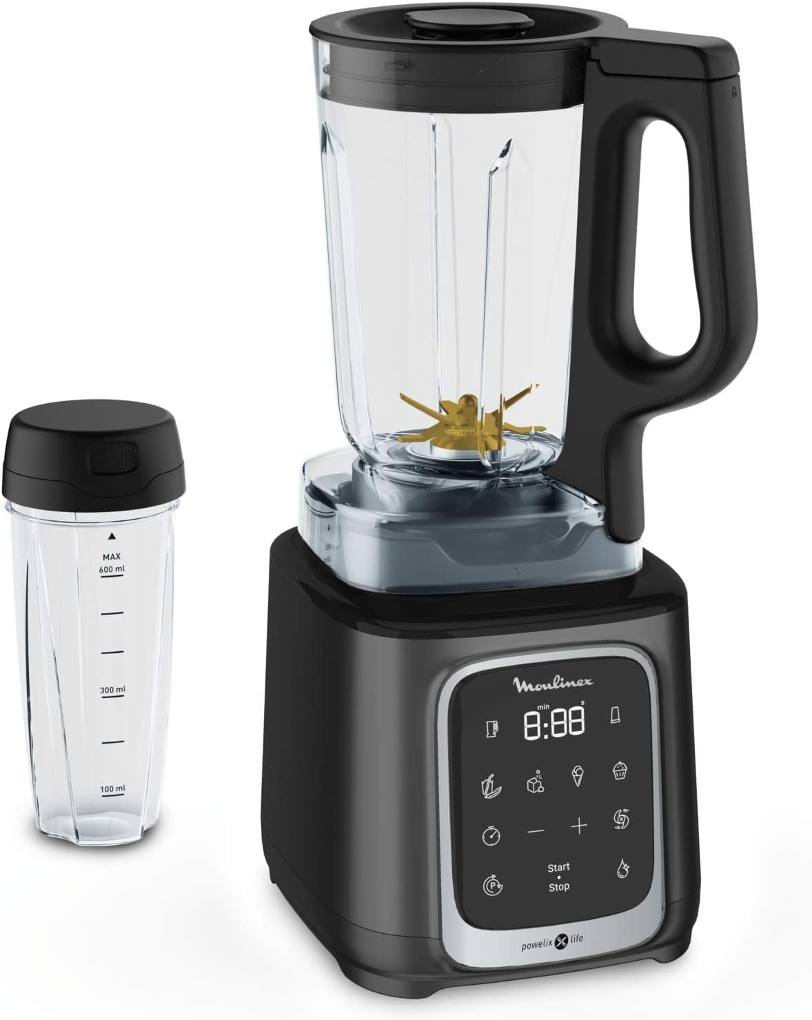 Moulinex InfinyMix+, Batidora de vaso de alta velocidad, 1600 W, 5 programas automáticos, Control manual, Jarra tritán de 1,75L, Botella para llevar de tritán 600 ml, Pica hielo, Autolimpieza, LM91HD