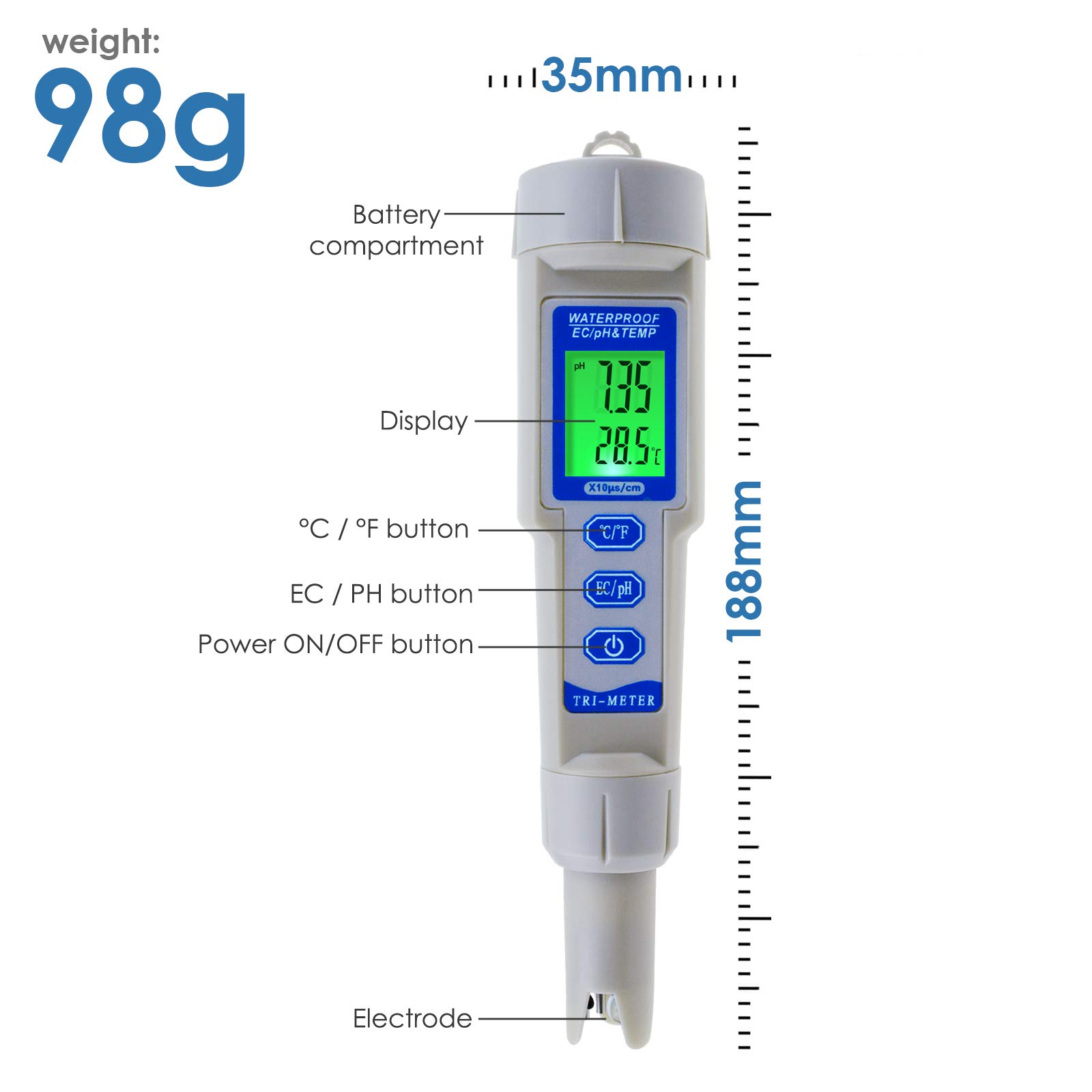 TEKCOPLUS 3 in 1 pHECTemp Meter ATC Waterproof with black-light Water Quality Combo Multi-Parameter Tester Monitor Analyzer Test Kit for Aquariums Hydroponics Pool Spa Drinking water Laborato product thumbnail 5