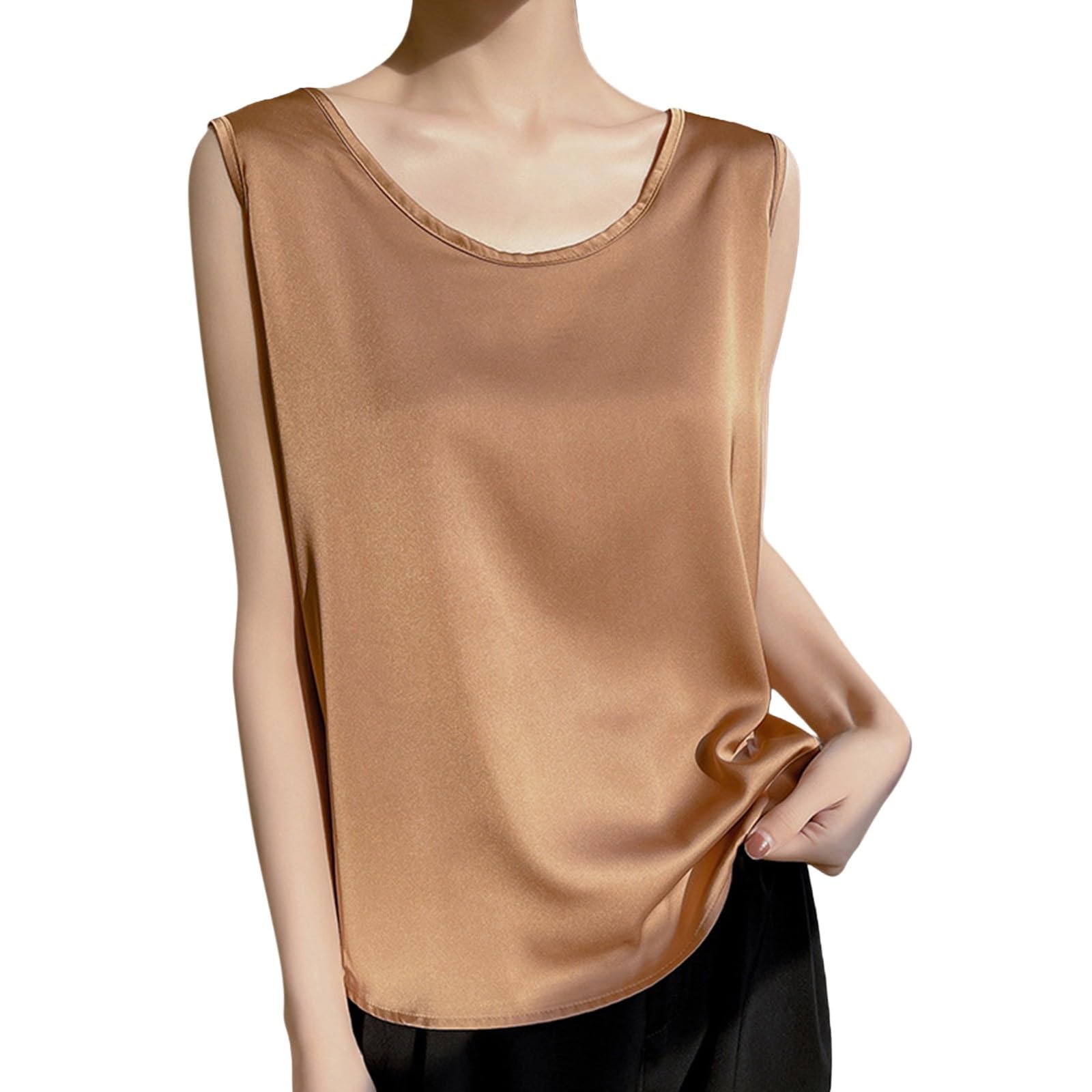 Camiseta sin mangas color caqui para mujer – Top de verano elegante y casual para mujer Tank Shirt sin mangas Curvy Fit Top ajustado de satén Camiseta interior casual camiseta básica color liso