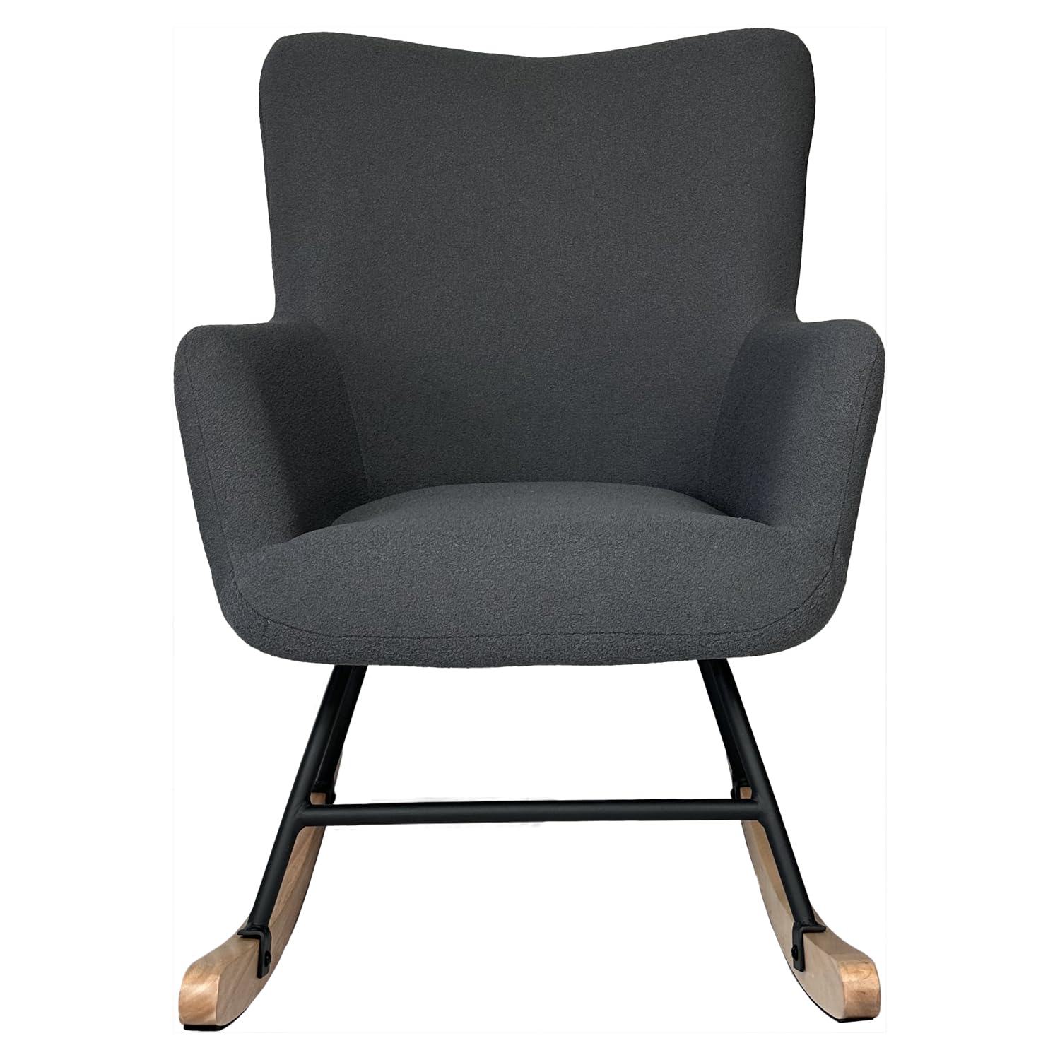 Happy Garden Fauteuil à Bascule Kaira, Rocking Chair, Tissu Boucle Gris, Structure en métal et piètement en Bois d'hévéa,