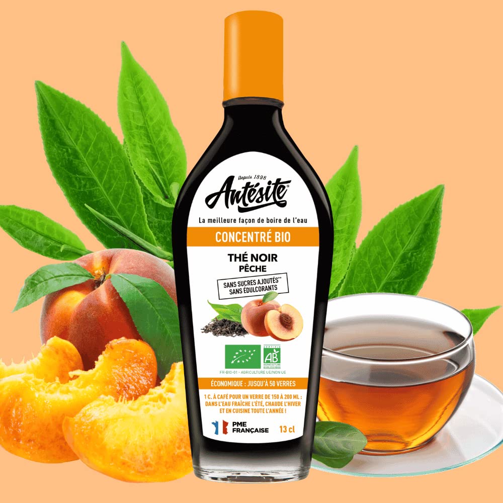 Antésite Orgánico, concentrado de té negro y melocotón para diluir sin azúcar, el frasco de 13 cl sin azúcares añadidos sin edulcorante económico fabricado en Francia
