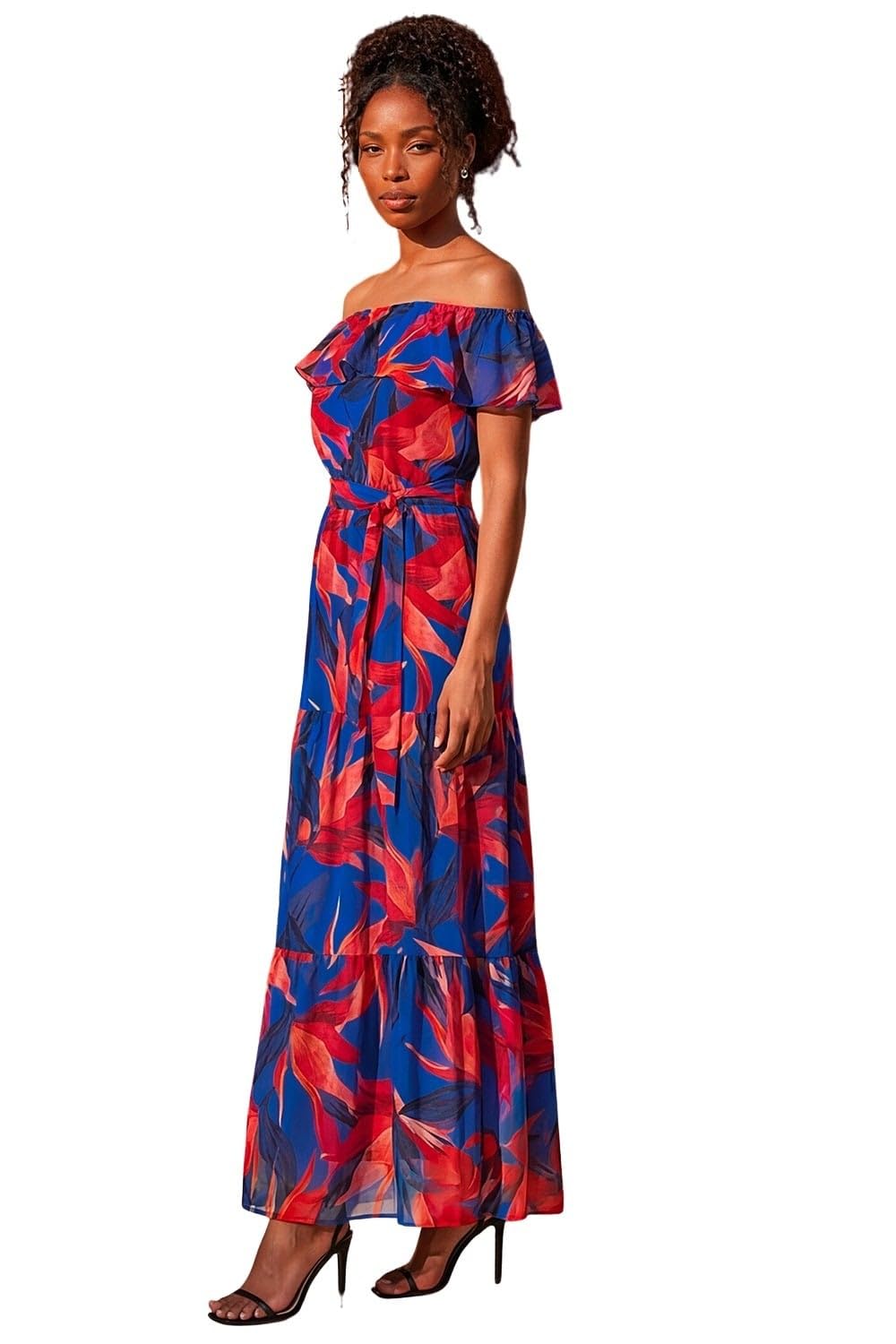 Roman Floral Tiered Bardot Belted Dress for Women UK - Ladies Spring Everyday Summer Holiday Maxi Length Comfy Short Sleeve Soft Fit & Flare Frock Vacation Gowns - Navy - Size 18