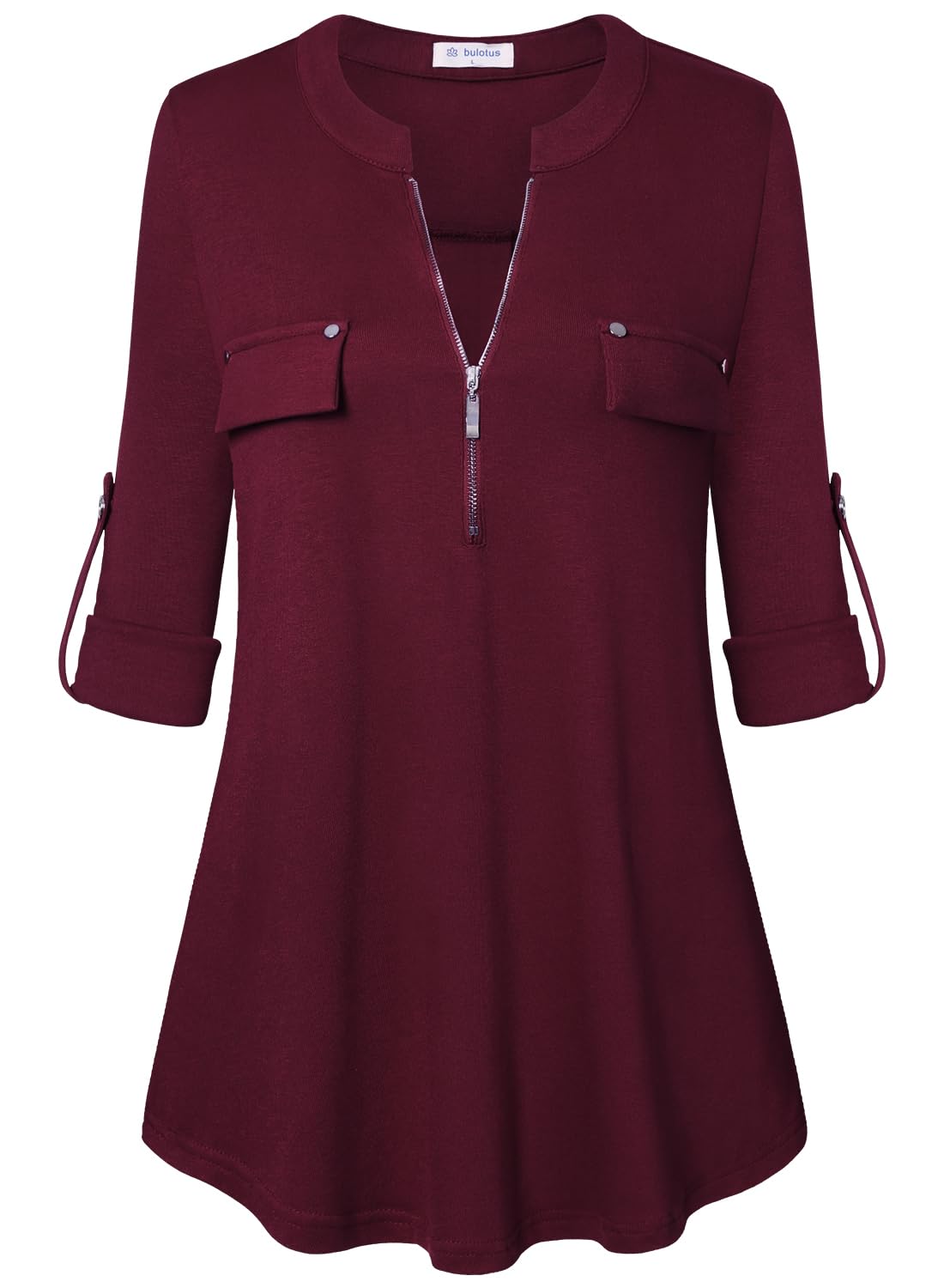 Bulotus Women's Zip Front V-Neck 3/4 Sleeve Tunic Casual Top