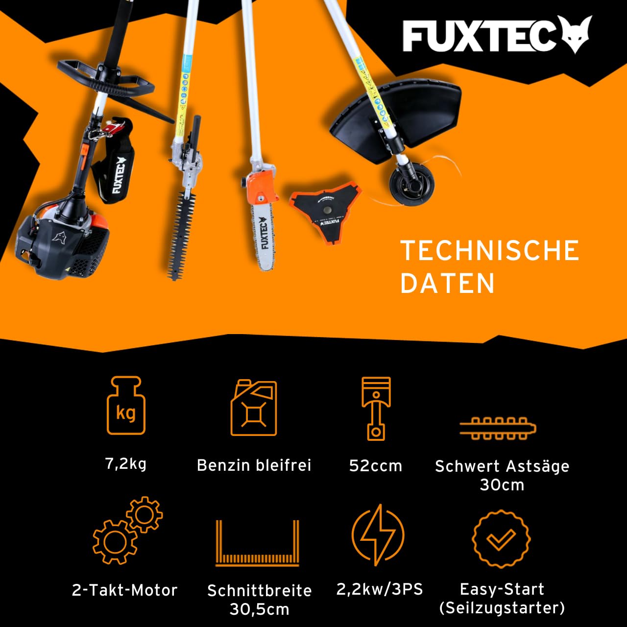 FUXTEC Benzin Motorsense FX-MT152 4in1 Multitool 52 cc - Profi-Tragegurt & 3 PS Leistung - Kombigerät Heckenschere Hochentaster Kombisystem Freischneider - 2-Takt Test Oberklasse 1,4