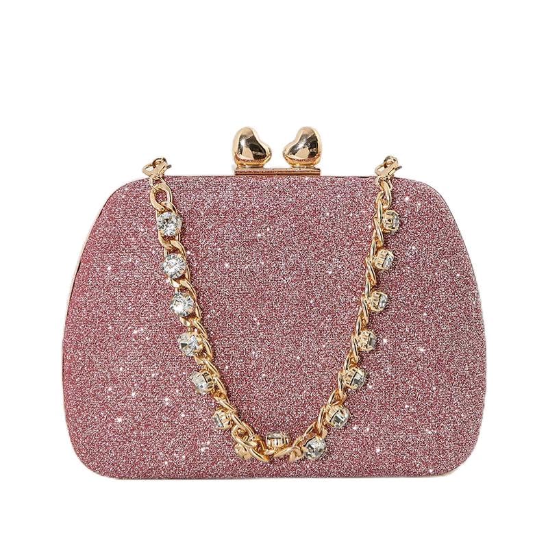 Evening Clutch Purse with Crystal Chain Strap, Glitter Design, 5 Colors Available