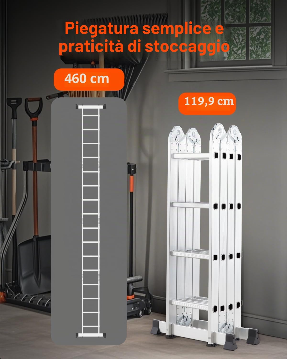 VEVOR Scala Pieghevole Multiuso, Scala Telescopica Regolabile 4 Gradini con Struttura ad A, Scala Estensibile per Impieghi Gravosi con Altezza 4,7 m Capacità 149,7 kg per Lavori Domestici all'Aperto