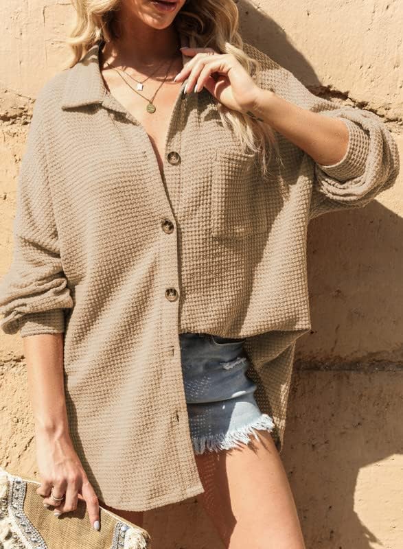 Dokotoo Womens Waffle Knit Shacket Jacket Casual Long Sleeve Button Down Shirts Dressy Blouses Tops - Image 7