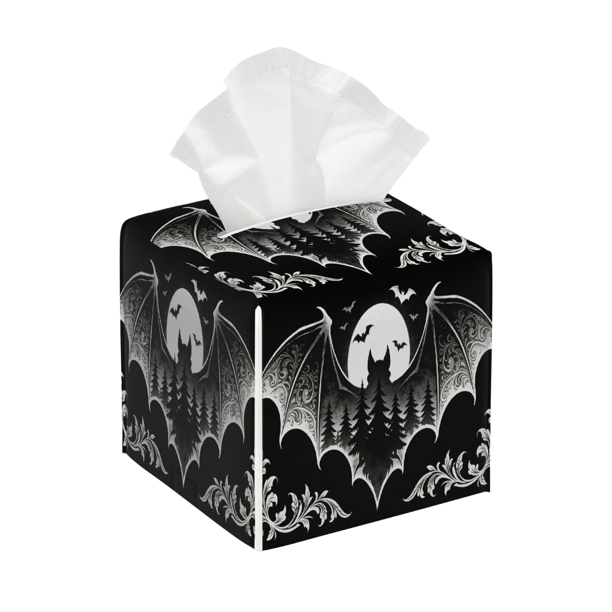 Tissue Box Cover Square Pu Leather Tissue Box Holder Waterproof Paper Organizer Dispenser for Bathroom Kitchen Bedroom Car Office Forest Bats