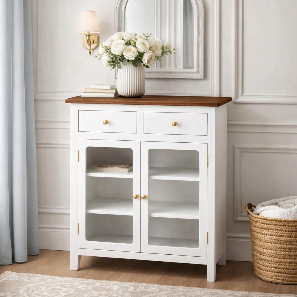 Wooden Kitchen Cabinet with 2 Glass Door & 2 Drawers for Living Room | Solid Wood Kitchen Crockery Cabinet for Living Room with 2 Shelf for Storage. (White)-image-8