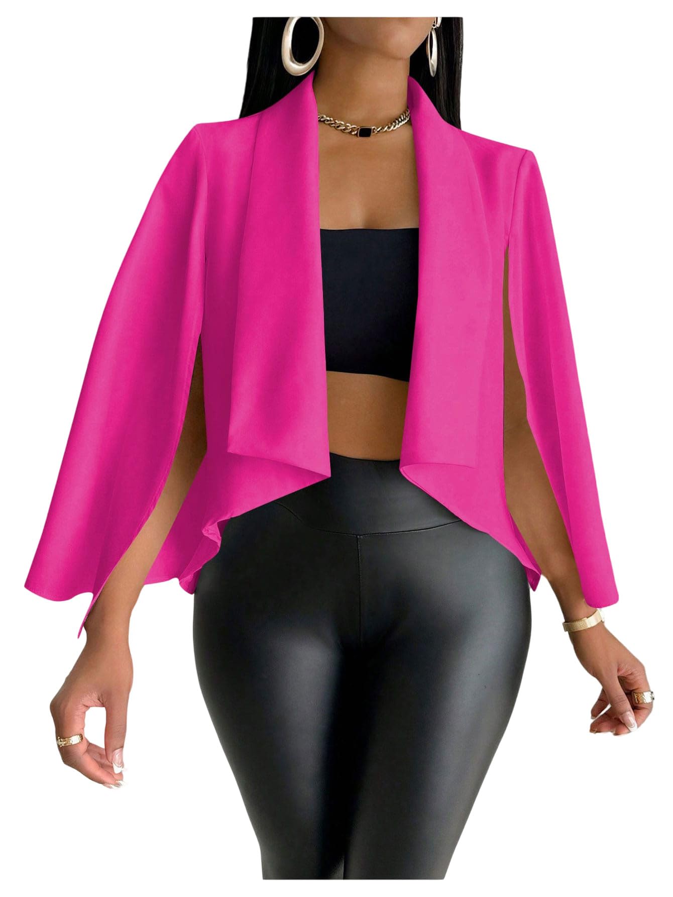 OYOANGLE Womens Cape Long Sleeve Cropped Blazer Jacket Open Front Solid Elegant Trendy Cardigan Coats