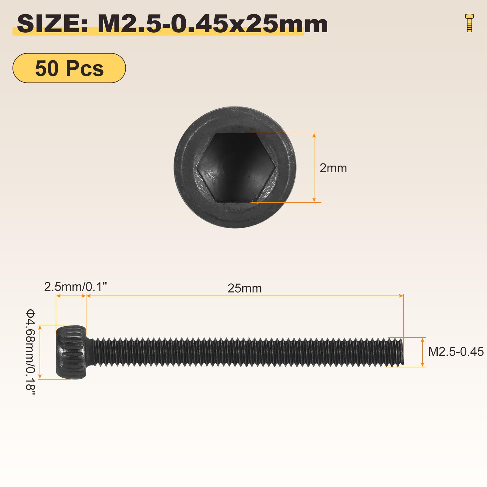 METALLIXITY Socket Head Cap Screws(M2.5-0.45x25mm)50Pcs, Carbon Steel Allen Socket Drive DIN912/ISO4762 Metric Oxide - Image 2