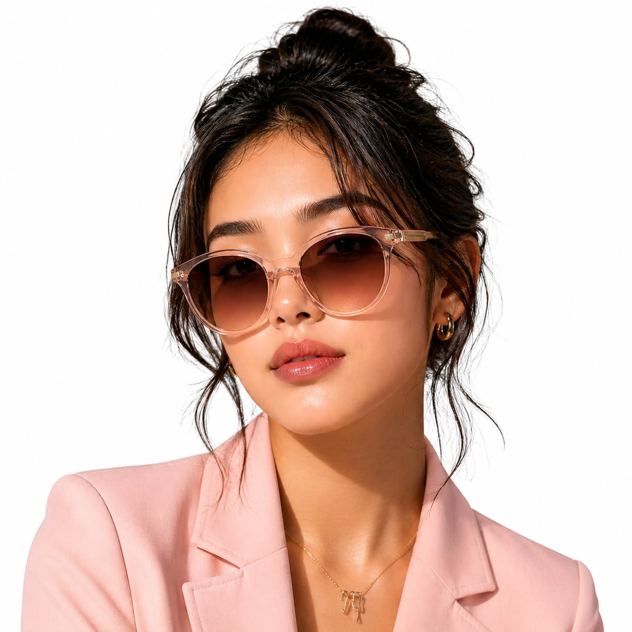 Women's Round Sunglasses with Pink Transparent Frame-picture-36