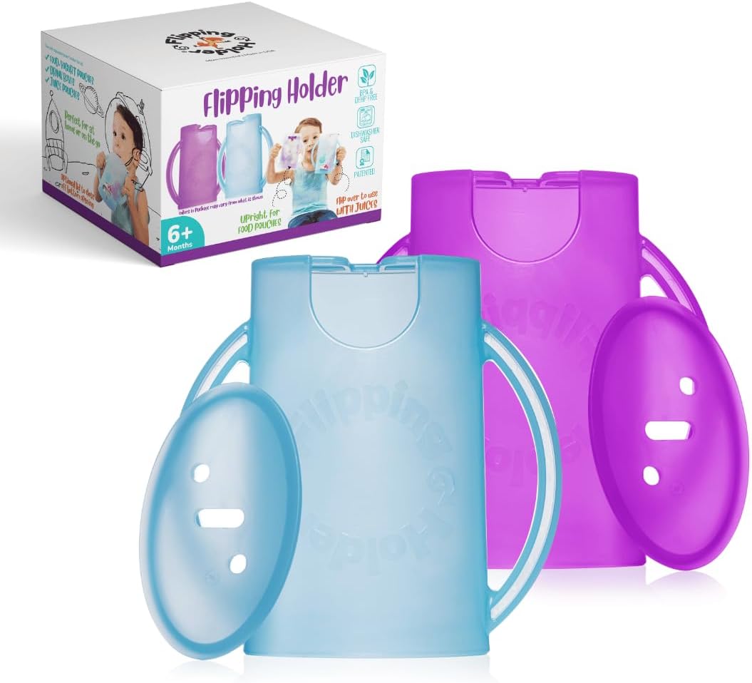 Flipping Holder with lid for Food Pouches & Juice Boxes - Multipurpose Design - Prevent Messes & Support Self-Feeding - Handles for Easy Grasping - Made in USA