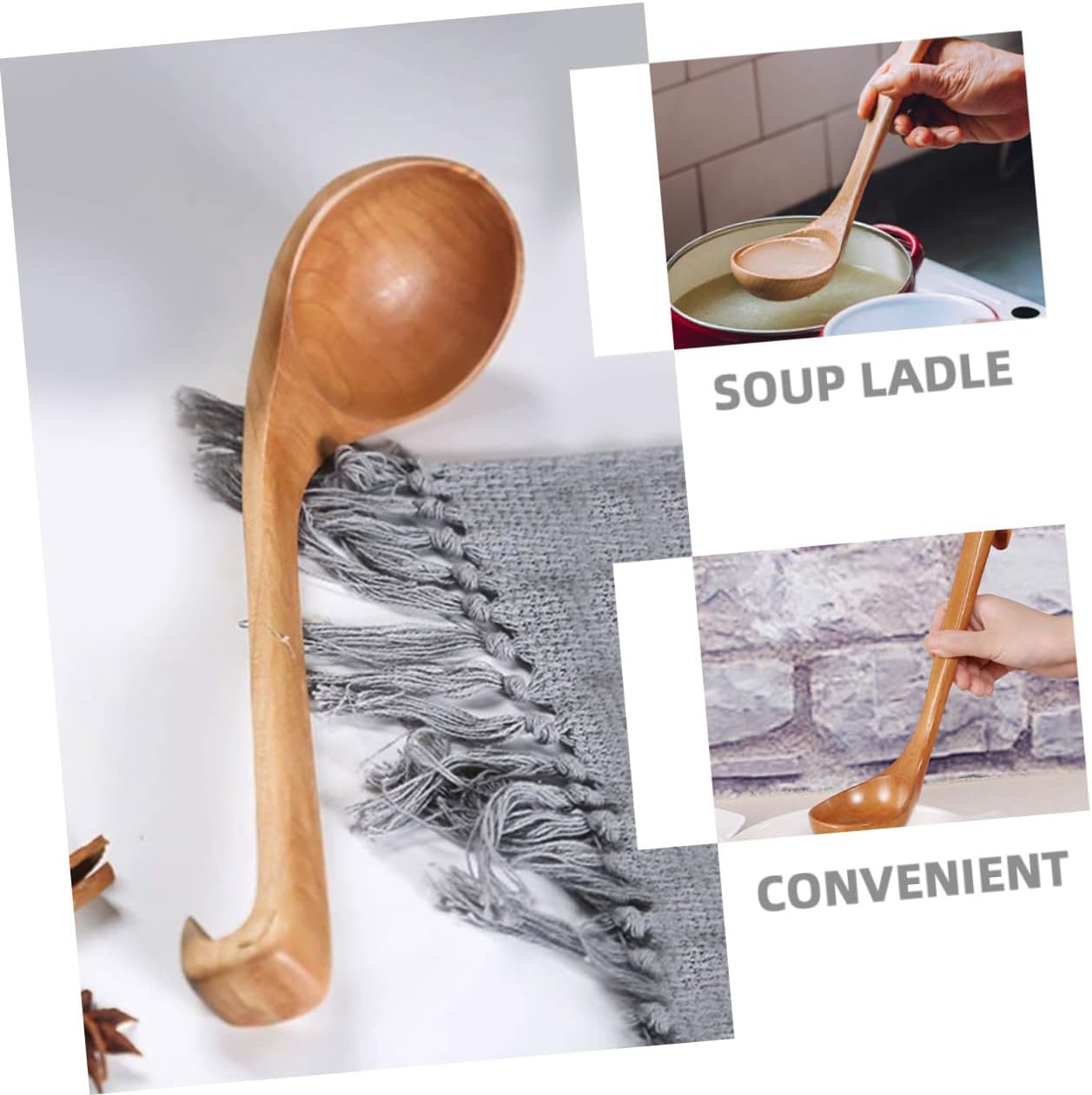 Wooden Soup Ladle Long Handle Japanese Style Light Wood Cooking Spoon for Ramen Hot Pot Kitchen Use