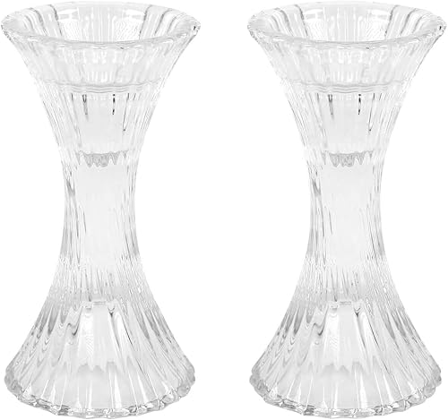 Miniatura 7 de Efavormart - Juego de 2 portavelas de cristal transparente de 5 pulgadas, portavelas cónicos reversibles con rayas diagonales
